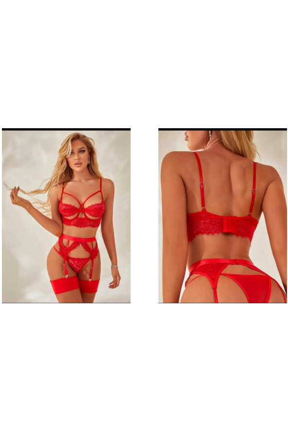 Ladies Sexy Red or Black Lace Bra Set w/ Strappy Detail and Garters along w/ Panty