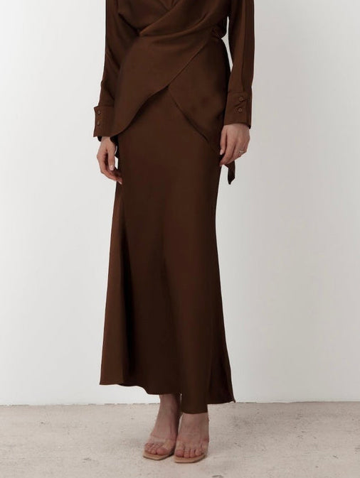 Elegant Draped Satin Mermaid Maxi Skirt Brown