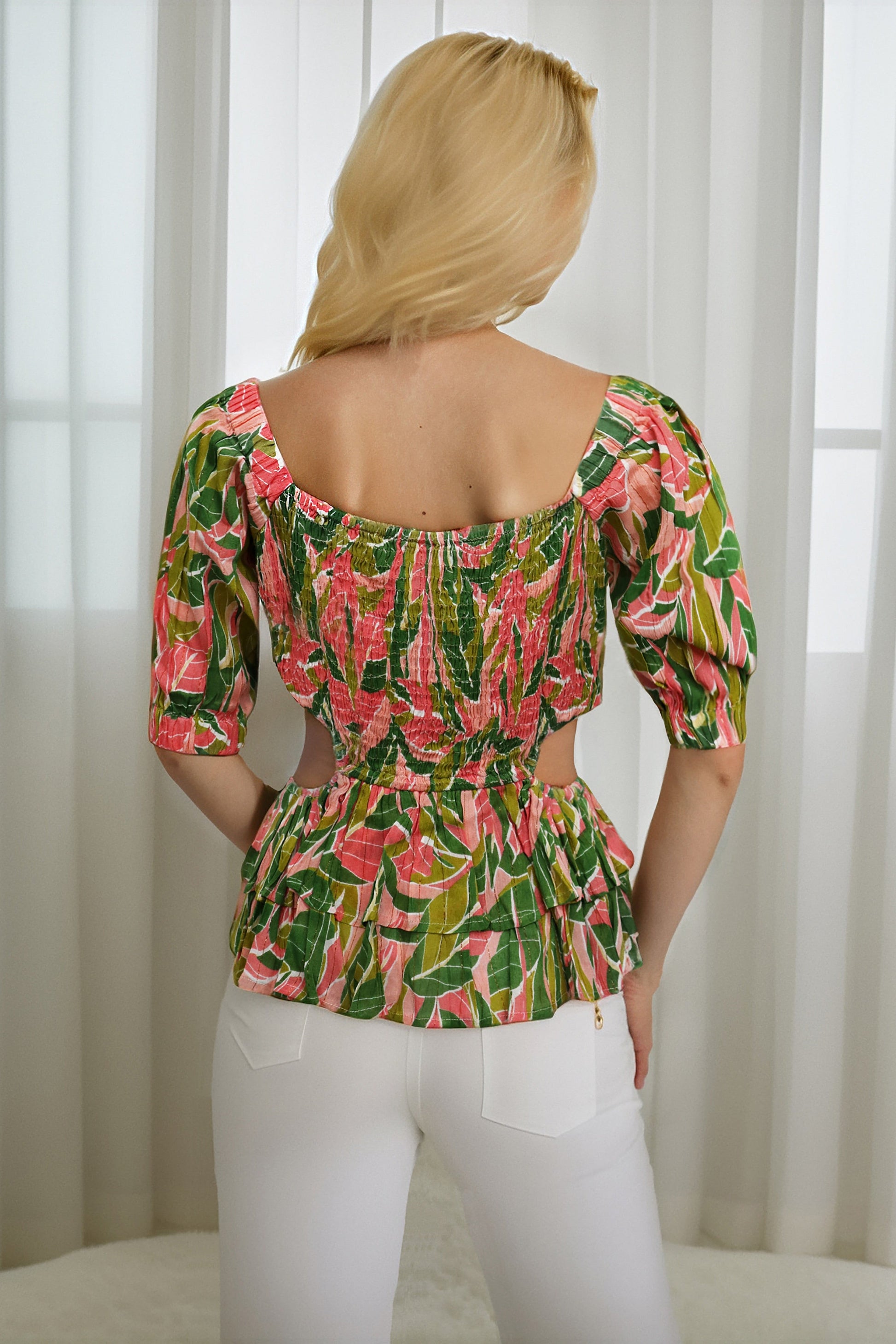 Ladies Green Peach Palm Printed Smocked Off the Shoulder Cap Sleeve Ruffle Top with Open Detail at Sides